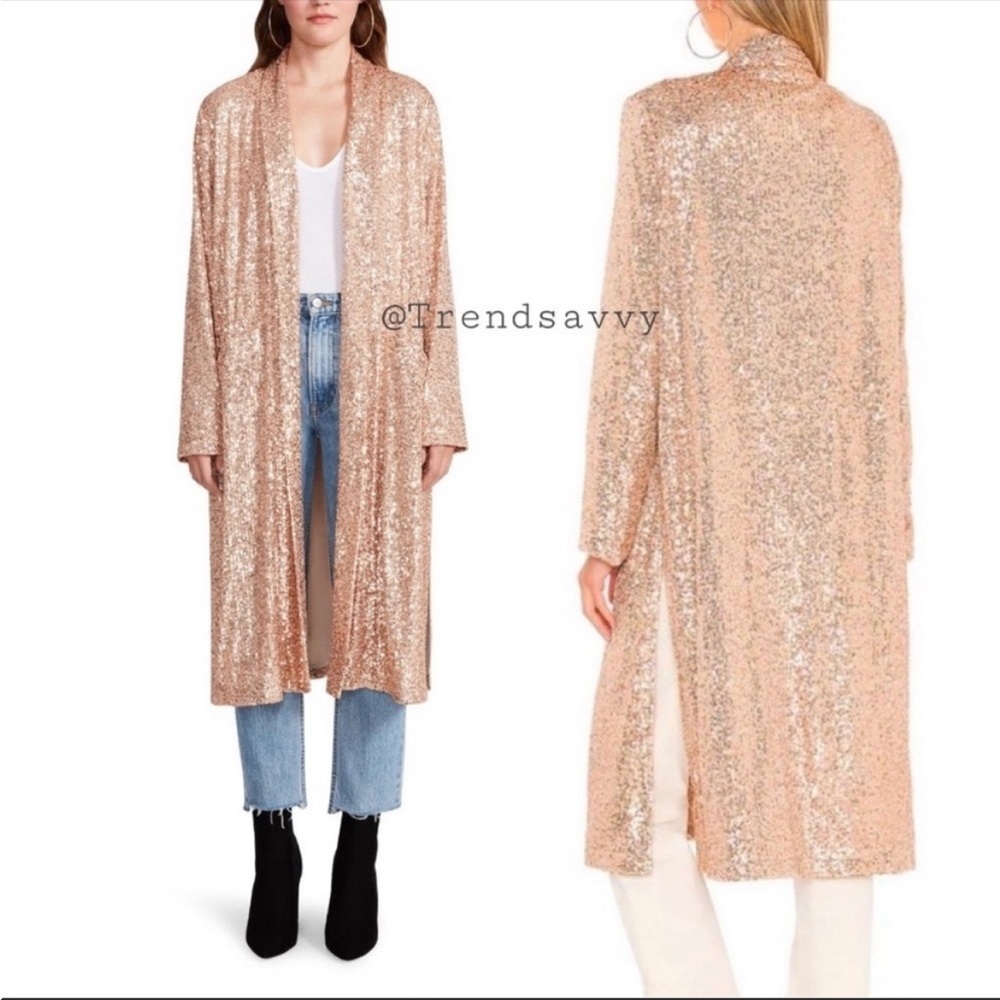 BB Dakota Steve Madden Rose Gold Sequin Duster Jacket Large Party Glam NWT
